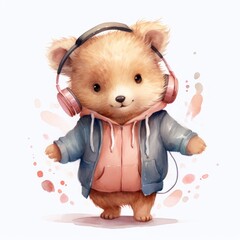 Cute Teddy Bear in casual style with headphones. Bear listening a music