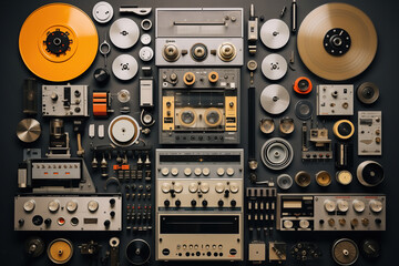 Vintage meets modern: A vibrant composition showcasing a diverse array of old and new electronics, creating a dynamic contrast between the past and the present