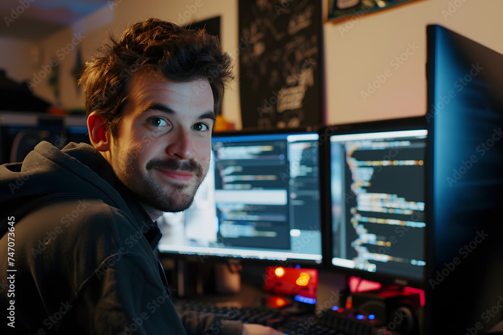 Poster programmer looking at monitors