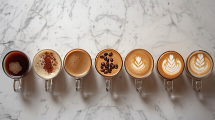 top view of different coffee drinks on a marble background