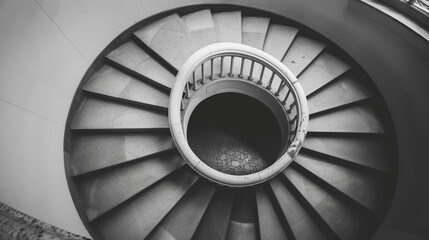 A grayscale high angle shot of a curving spiral staircase in a building