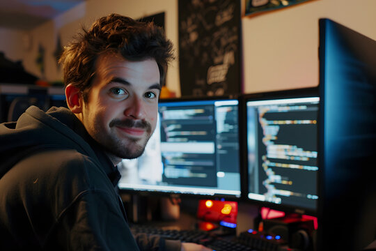 programmer looking at monitors
