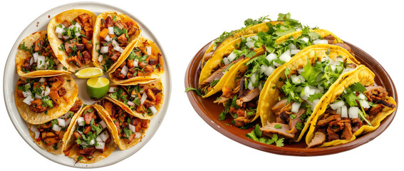 Mexican tacos al pastor bundle, side and top view, isolated on a white background