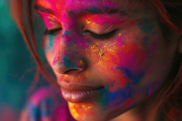 A woman with vibrant colored skin - Natural beauty from using colored powder. Fictional Character Created By Generated By Generated AI. - obrazy, fototapety, plakaty