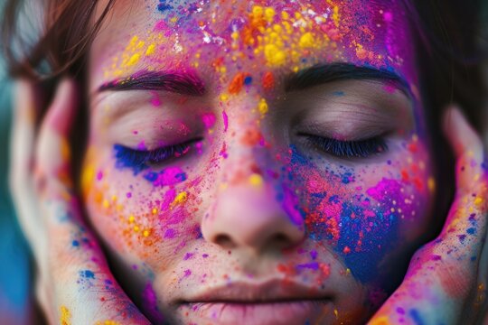 A woman with colorful paint on her face and arms. Fictional Character Created By Generated By Generated AI.