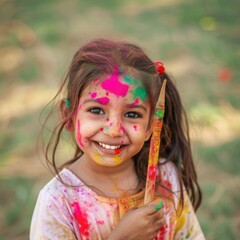 A Little Girl with Colored Paint on her Face and Arm - Celebrating Festive Occasions or Art Projects. Fictional Character Created By Generated By Generated AI.