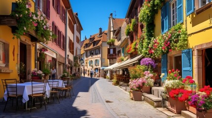 Fototapeta na wymiar European village with cobblestone streets, half timbered buildings, and bustling sidewalk cafes