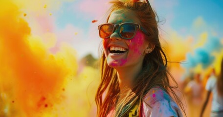 Woman laughing and enjoying herself at a colorful event. Fictional Character Created By Generated By Generated AI.