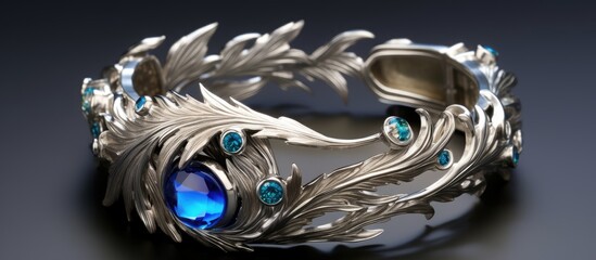 A silver bracelet adorned with vibrant blue stones and delicate leaf designs, creating a stunning and elegant accessory. The intricate details of the leaves contrast beautifully with the bold blue