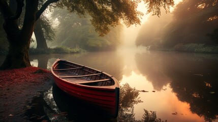 Tranquil dawn scenery of mist shrouded lake with a solitary boat drifting on glassy surface - obrazy, fototapety, plakaty