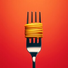 Spaghetti on a fork close-up on a red background, the concept of food.