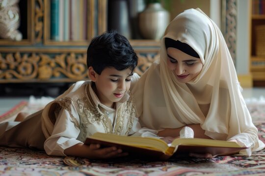 a Muslim parent and child reading a book together