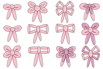 Pink Balloon Present Bow with Ribbon set. Pink air Balloon Gift Bow isolated white background. Collection Birthday Ribbon in trendy retro flat style. Vector illustration EPS 10 Editable stroke.
