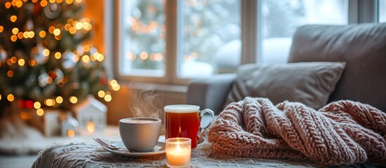 Fototapeta na wymiar A cup of coffee and a candle sit on a wooden table in front of a Christmas tree, creating a cozy ambiance in the living room.