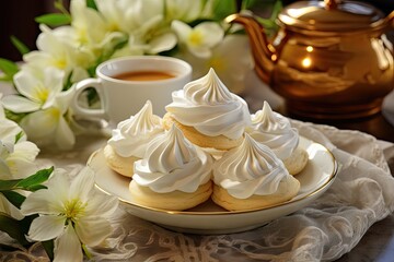 White Pink Meringue Cookies, Tea Cup and Flowers, Traditional Whisk Merengues, Baked Whisking Cream - obrazy, fototapety, plakaty