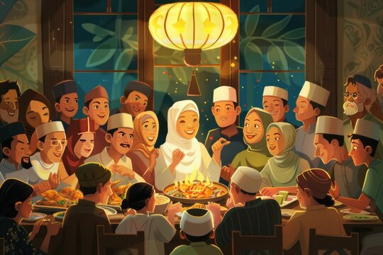 Muslim people having a feast together to celebrate Ramadan Kareem /  Eid al-Fitr
