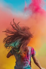 Colorful woman dancing in a brightly-colored, rainbow-colored area. Fictional Character Created By Generated By Generated AI.