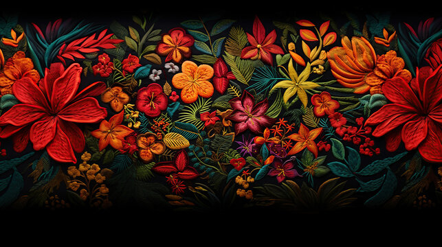 Vibrant Embroidered Tropical Flowers and Foliage on Black Background
