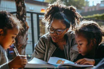 Woman Reading a Book to Two Little Girls. Generative AI - obrazy, fototapety, plakaty