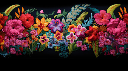 Vibrant Embroidered Tropical Flowers and Foliage on Black Background