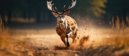A fallow deer, scientifically known as Dama dama, is captured in a close-up shot as it runs...