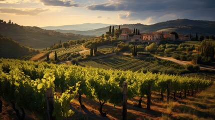 Idyllic tuscan vineyard bathed in sunlight surrounded by rolling hills and olive groves