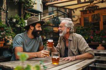 Happy man talks to his senior father while drinking beer together on patio