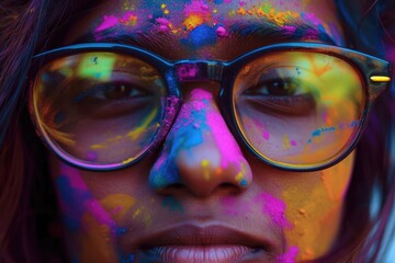 A Colorful Eye Contact Lens Wearer with Paint Splatters on Her Glasses. Fictional Character Created By Generated By Generated AI.