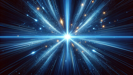 Cosmic Particles and Light Rays on Blue Backdrop