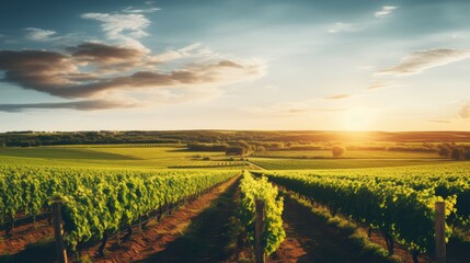 Golden vineyard landscape with endless rows of grapevines, hinting at the flavors of exquisite wine.
