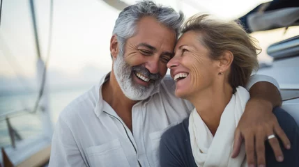 Poster Smiling caucasian middle age couple enjoying leisure sailboat ride in summer © dvoevnore