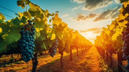 Picturesque sunlit vineyard with endless rows of grapevines, promising the rich flavors of fine wine