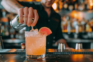 Bartender garnishing a cocktail with a citrus slice at a bar, with blurred bottles in the background.