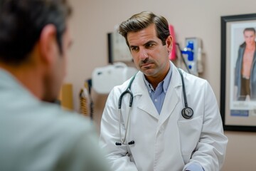 Doctor in white coat with stethoscope listening to patient in medical office.