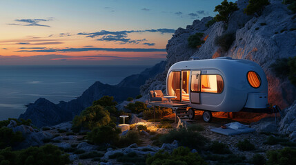 Embark on a luxurious caravaning adventure atop a mountain with sea views, capturing the essence of travel and exploration, a scene worthy of a National Geography Award winner. AI generative