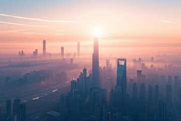 Aerial view of a city skyline at sunrise with skyscrapers piercing through misty morning light.