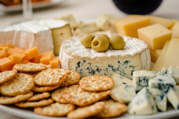 Assorted cheese platter with crackers and olives, perfect for appetizers or party snacks.