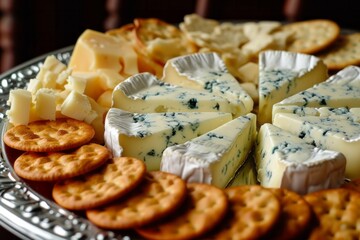 Assorted cheese platter with crackers on a silver tray, featuring blue cheese and brie, perfect for appetizers or party snacks.