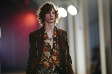 Male model walking on runway in a floral shirt and velvet blazer at a fashion show.
