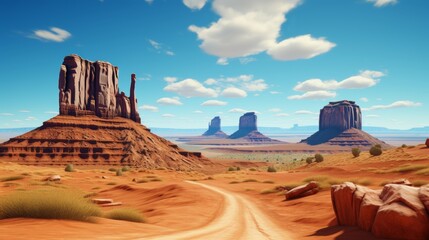 Scenic desert landscape with towering cacti, red rock formations, and vast sand dunes