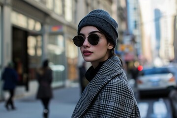 Stylish woman in sunglasses and beret on city street.