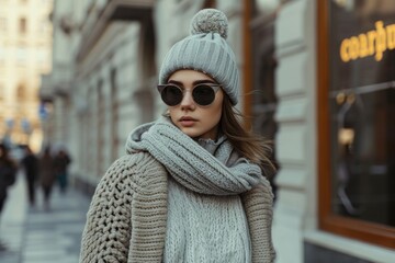 Stylish woman in winter attire with sunglasses and beanie walking in the city.