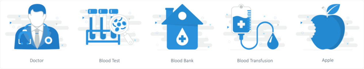 A set of 5 mix icons as doctor, blood test, blood bank