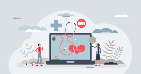 Fototapeta na wymiar Telehealth services as medical support using remote video tiny person concept. Patient videocall communication with doctor for diagnostic or treatment advices vector illustration. Online clinic app.