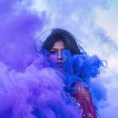 Fascinating woman surrounded by purple smoke. Fictional Character Created By Generated By Generated AI.