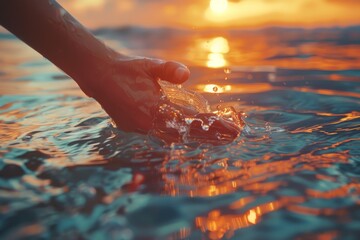 Sunset over the sea with a hand gently touching the water, creating reflective ripples and splashes. - obrazy, fototapety, plakaty