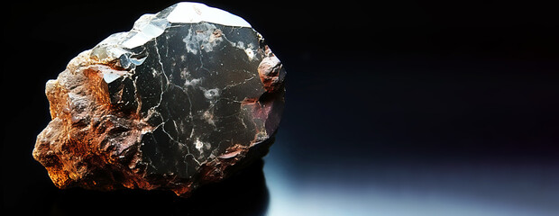 Davidite is a rare precious natural stone on a black background. AI generated. Header banner mockup with space.