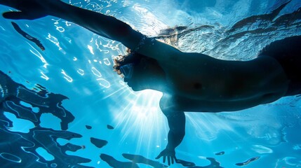 An underwater shot capturing a person swimming with sunlight filtering through the water. - obrazy, fototapety, plakaty