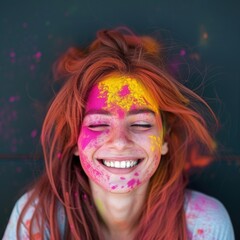 The title of the image is "The Colors of Happiness - Smiling woman with colored powder on her face.. Fictional Character Created By Generated By Generated AI.