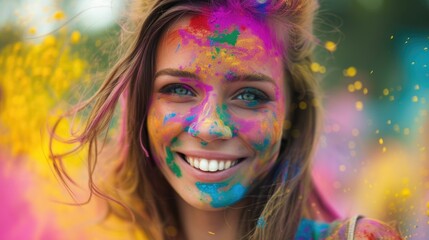 Obraz premium Colorful Smile - A joyful portrait of a woman with colorful makeup and hair, spreading happiness through her vibrant appearance.. Fictional Character Created By Generated By Generated AI.